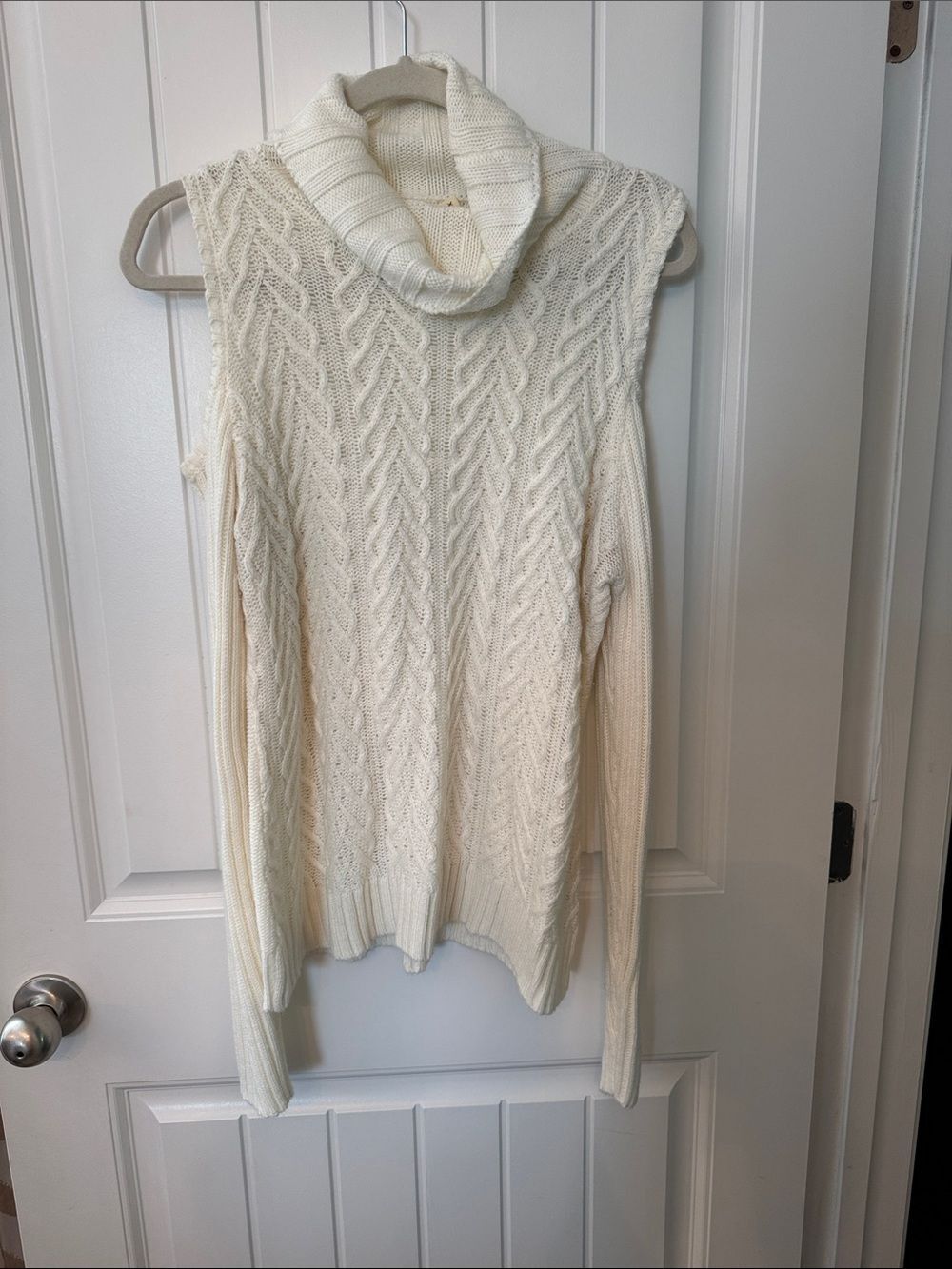 Faded Glory Cream Cable-Knit Cold Shoulder Turtleneck Sweater